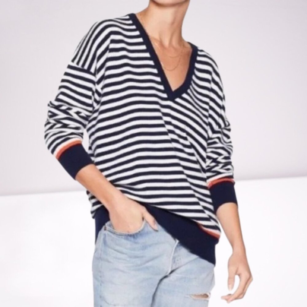 Equipment Femme Lucinda V-Neck Cashmere Blend Striped Sweater Sz S Navy/Ivory